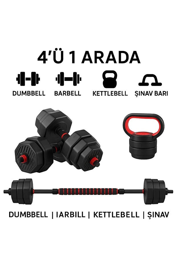 4’ü 1 Arada Dambıl Seti 20 KG | Ayarlanabilir Dumbbell – Barbell – Kettlebell – Şınav Barı Spor Seti