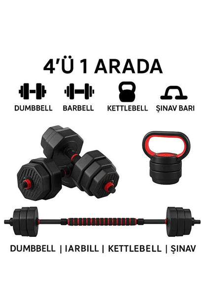 4’ü 1 Arada Dambıl Seti 20 KG | Ayarlanabilir Dumbbell – Barbell – Kettlebell – Şınav Barı Spor Seti