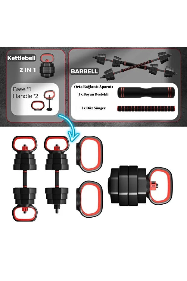 4’ü 1 Arada Dambıl Seti 20 KG | Ayarlanabilir Dumbbell – Barbell – Kettlebell – Şınav Barı Spor Seti