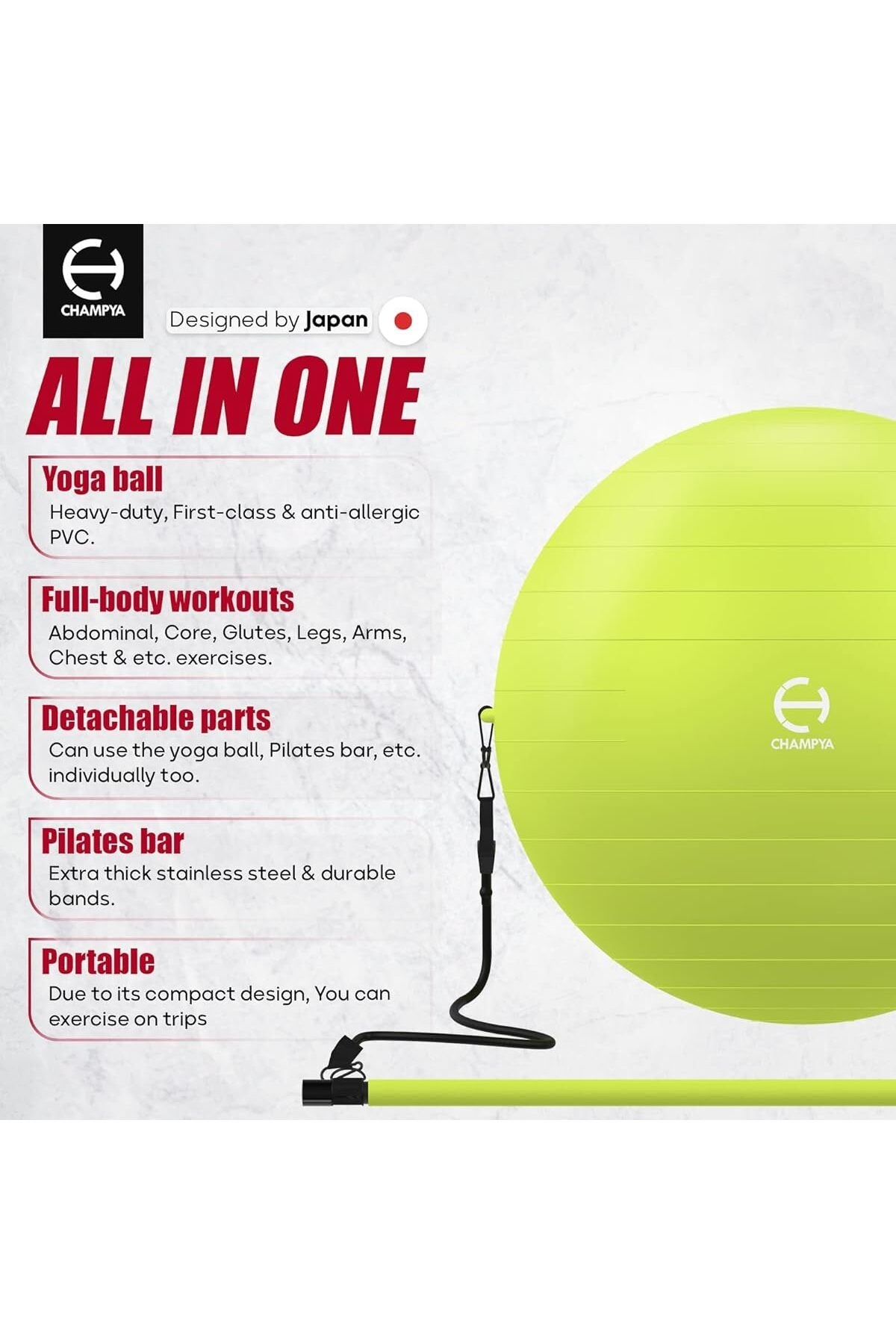 CHAMPYA Patlamaya Dayanıklı Yoga Fitness Topu Seti | Evde Core Güçlendirme, Evde Pilates Seti