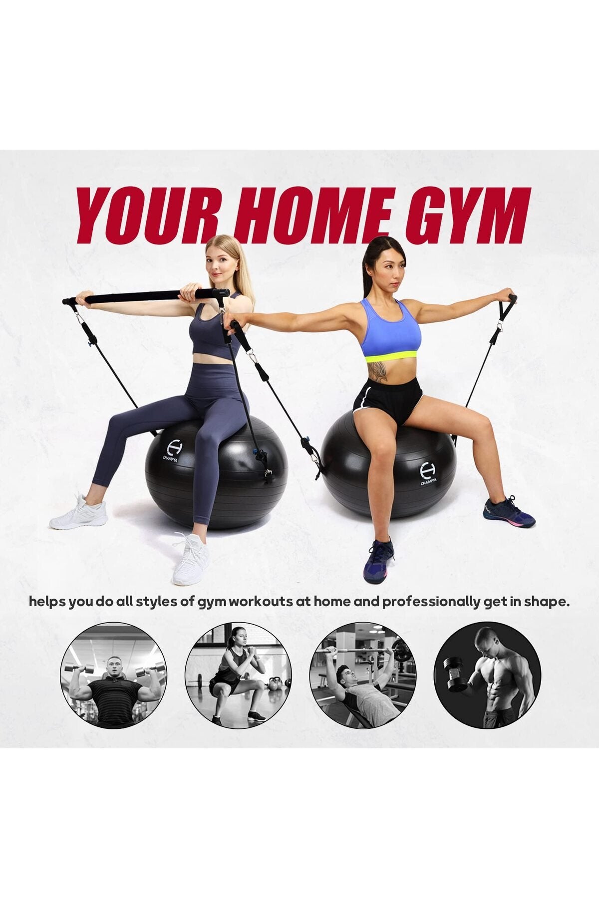 CHAMPYA Patlamaya Dayanıklı Yoga Fitness Topu Seti | Evde Core Güçlendirme, Evde Pilates Seti