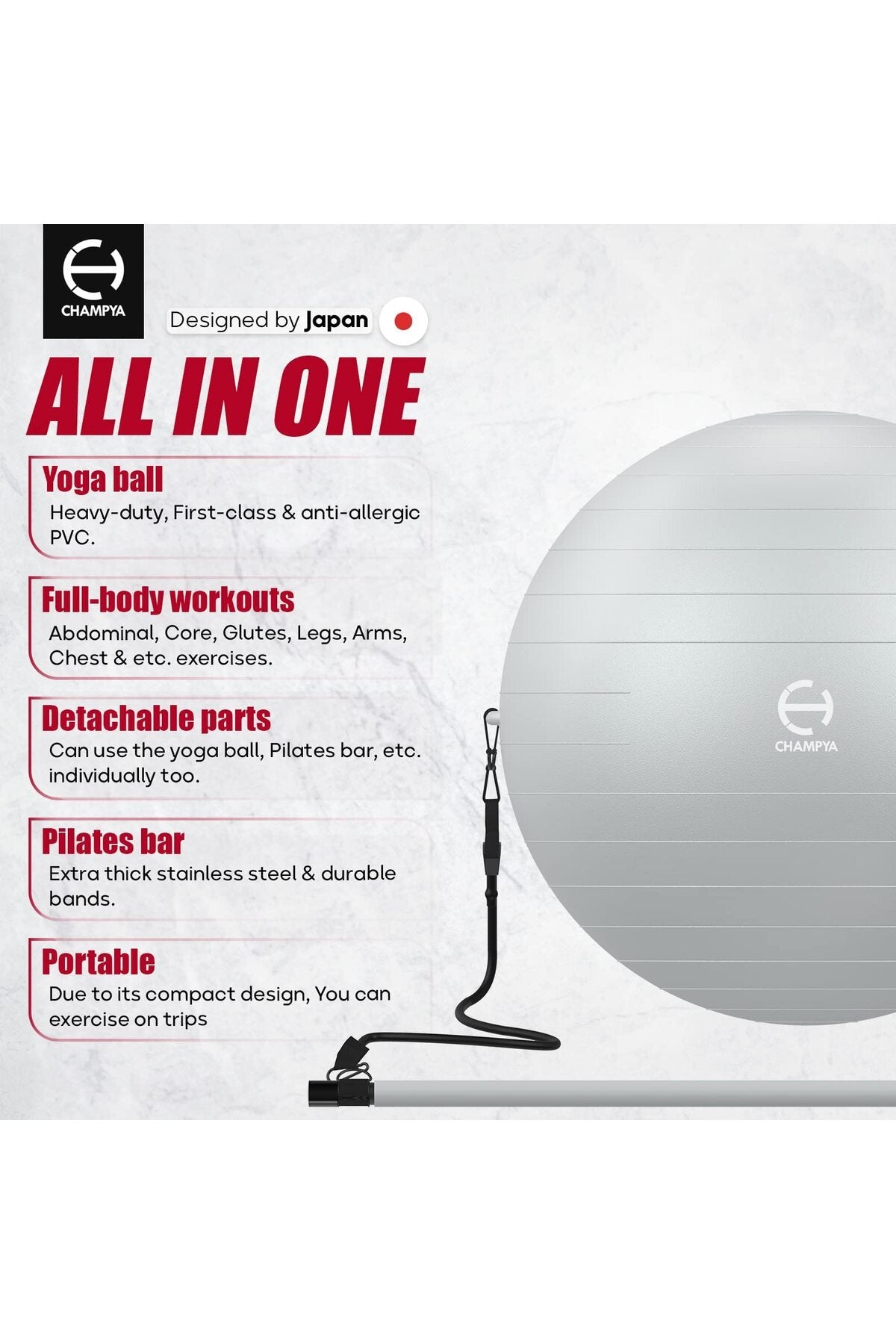 CHAMPYA Patlamaya Dayanıklı Yoga Fitness Topu Seti | Evde Core Güçlendirme, Evde Pilates Seti