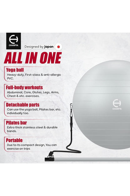 CHAMPYA Patlamaya Dayanıklı Yoga Fitness Topu Seti | Evde Core Güçlendirme, Evde Pilates Seti