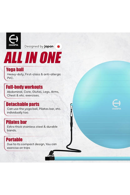 CHAMPYA Patlamaya Dayanıklı Yoga Fitness Topu Seti | Evde Core Güçlendirme, Evde Pilates Seti