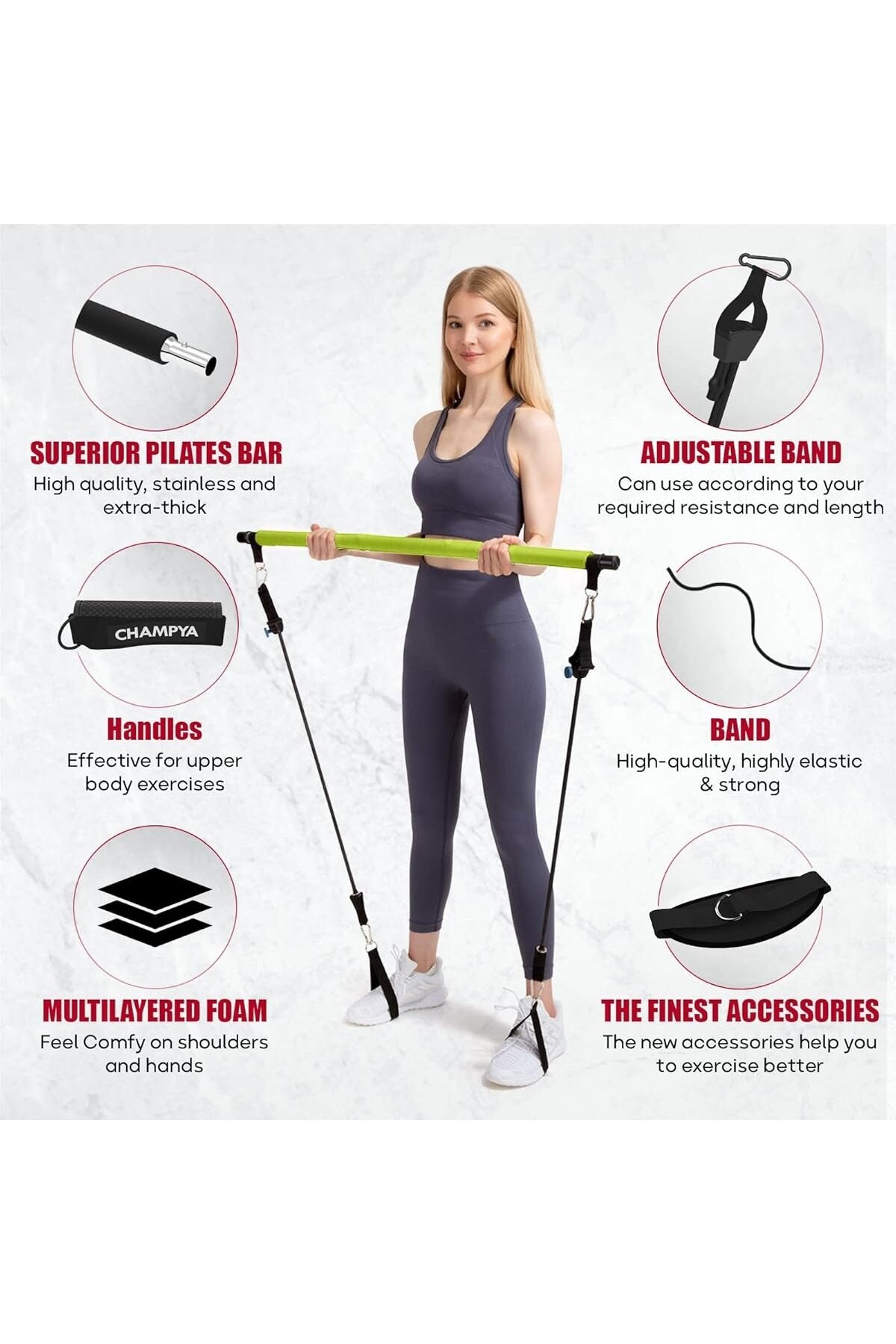 CHAMPYA Patlamaya Dayanıklı Yoga Fitness Topu Seti | Evde Core Güçlendirme, Evde Pilates Seti