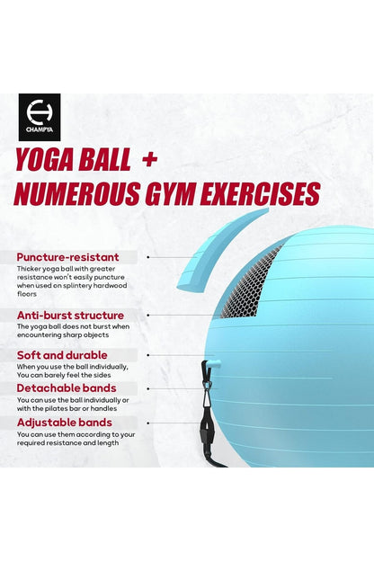 CHAMPYA Patlamaya Dayanıklı Yoga Fitness Topu Seti | Evde Core Güçlendirme, Evde Pilates Seti