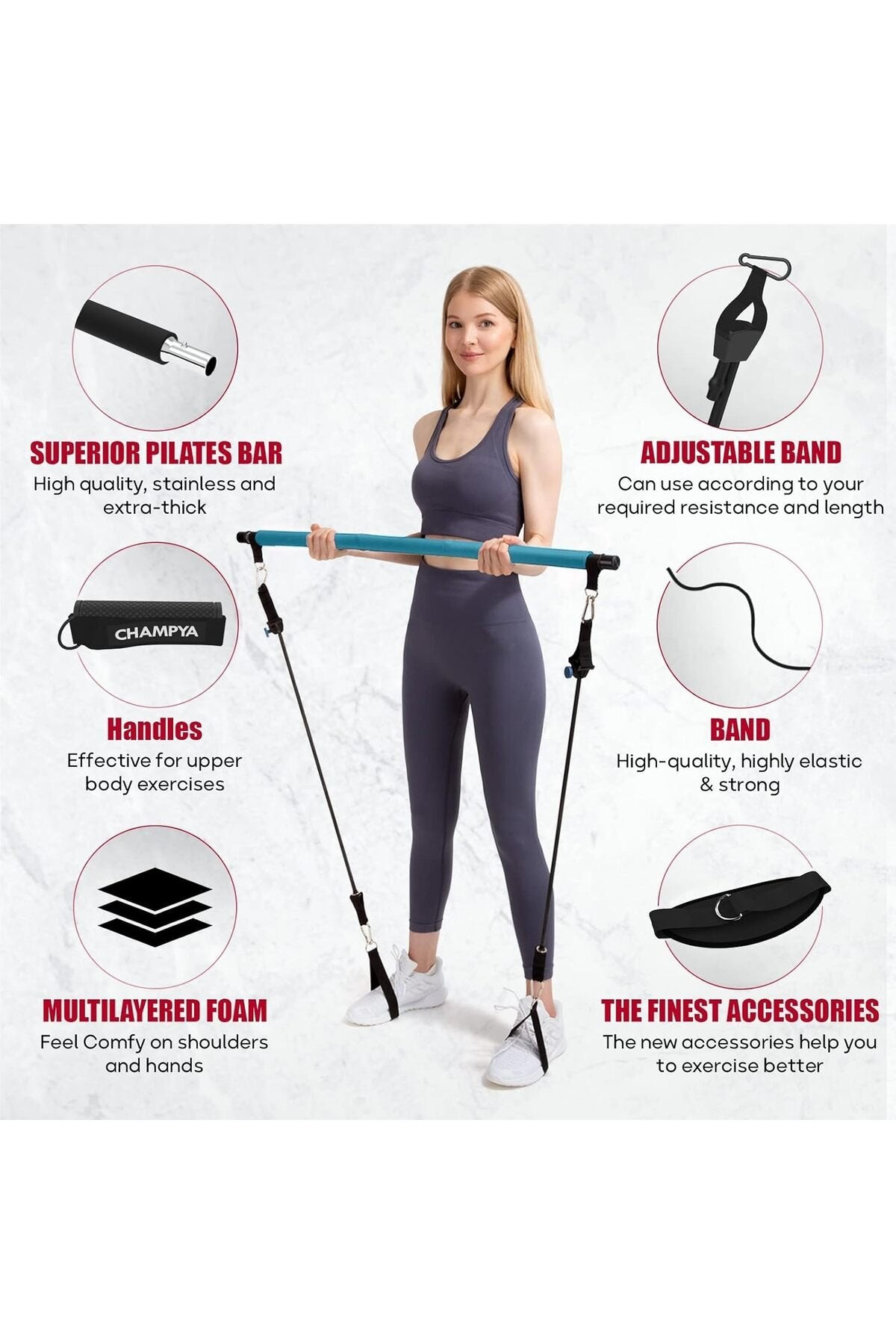 CHAMPYA Patlamaya Dayanıklı Yoga Fitness Topu Seti | Evde Core Güçlendirme, Evde Pilates Seti